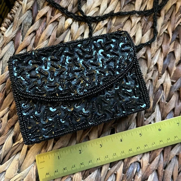 Vintage small beaded black evening bag immaculate long beaded strap Y2K 90s - Picture 3 of 5